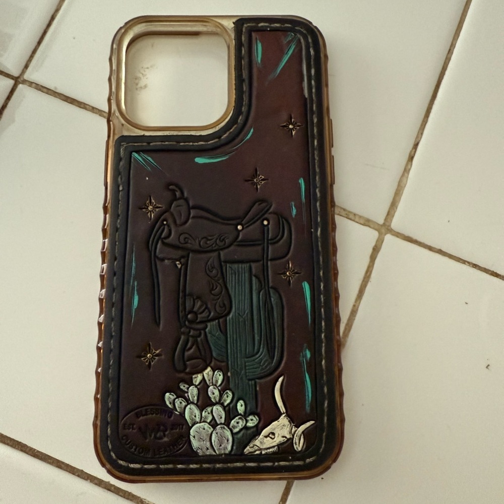 Brown Leather Phone Case with Western Design